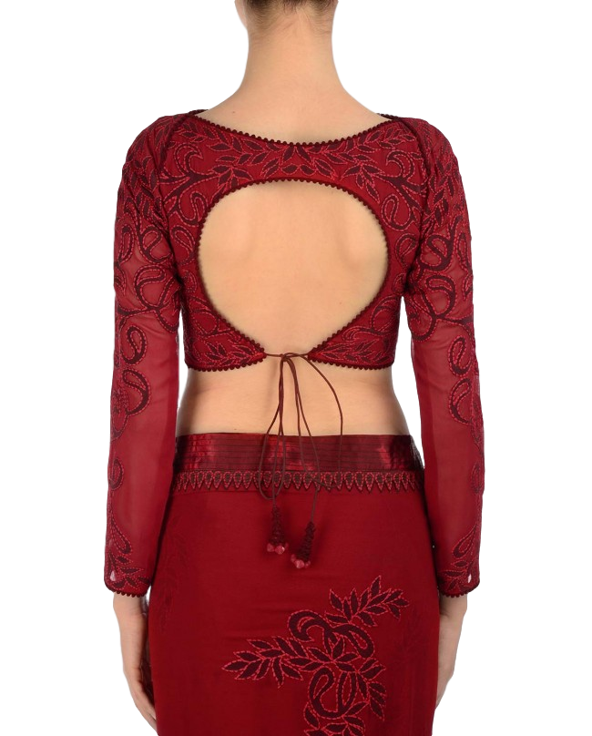 Dark Red designer saree with maroon applique work