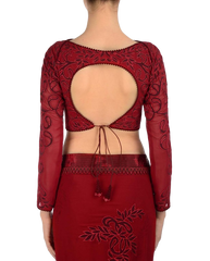 Dark Red designer saree with maroon applique work