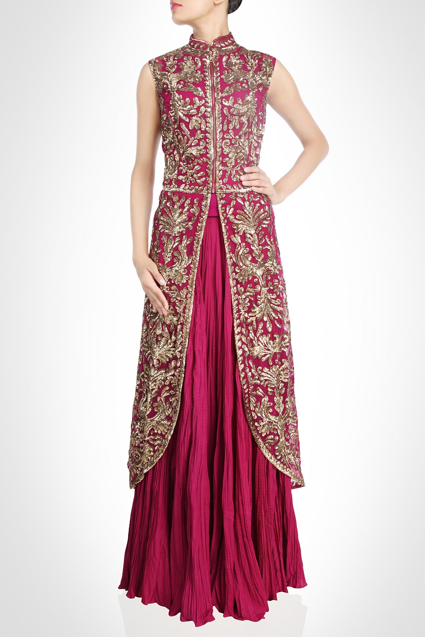 Dark majenta long jacket lehenga