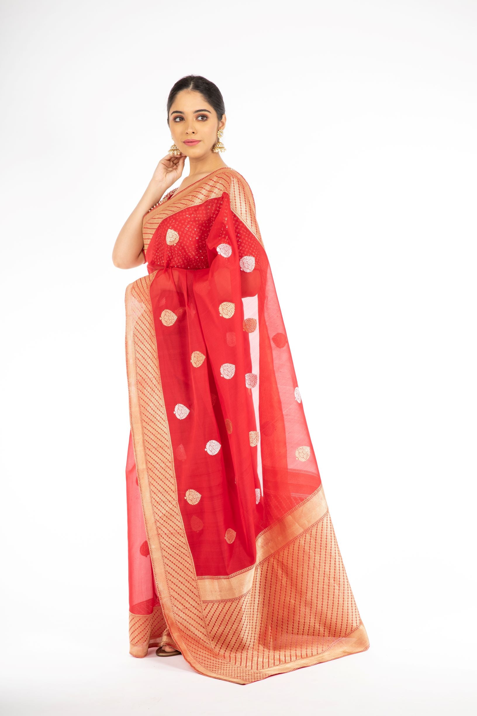 Dazzling Red Color Kora Silk Handloom Banarasi Saree with Sona Rupa Zari from Panache Haute Couture