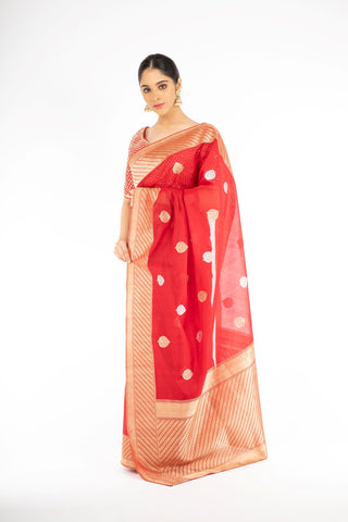 Dazzling Red Color Kora Silk Handloom Banarasi Saree with Sona Rupa Zari from Panache Haute Couture