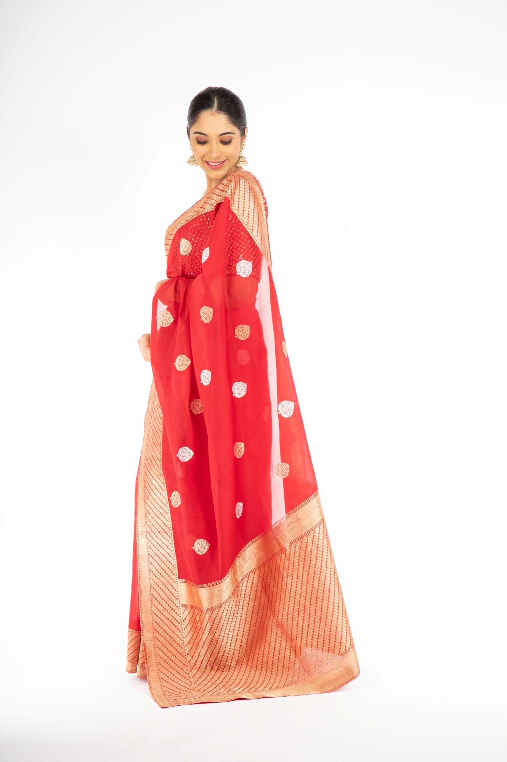 Dazzling Red Color Kora Silk Handloom Banarasi Saree with Sona Rupa Zari from Panache Haute Couture