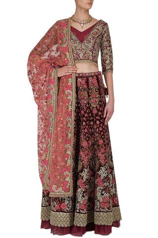 Deep Maroon Color Thread Work Wedding Lehenga