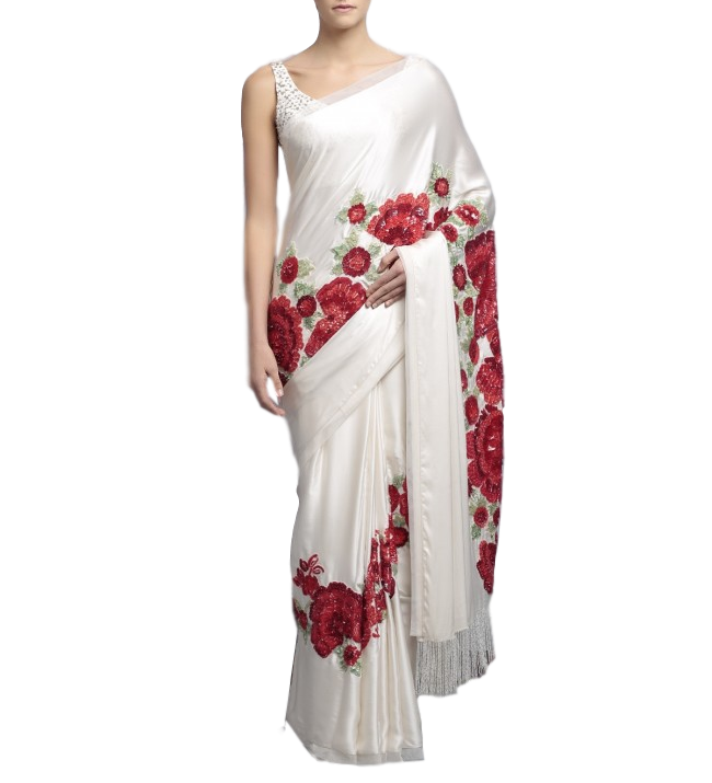 Designer saree in ivory color with floral embroidery by panache haute couture