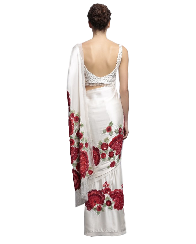 Designer saree in ivory color with floral embroidery by panache haute couture