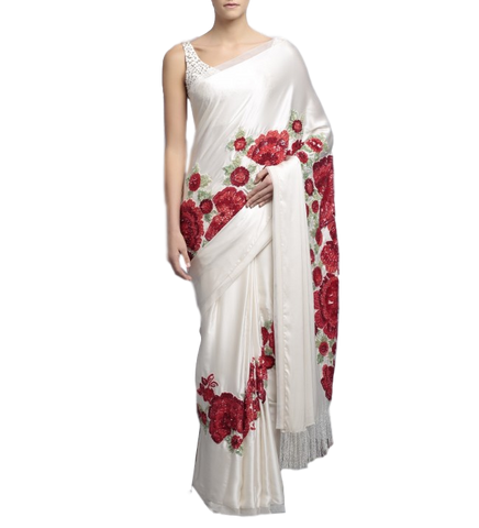 Designer saree in ivory color with floral embroidery by panache haute couture