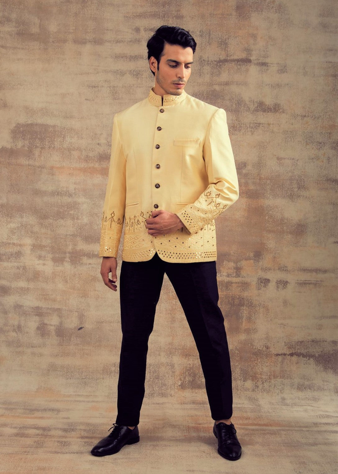 Double Cream Color Mirror Embroidery Jodhpuri Jacket