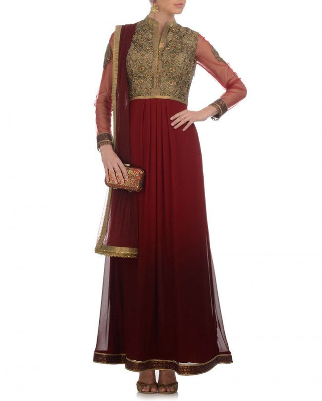 Maroon shaded long anarkali suit