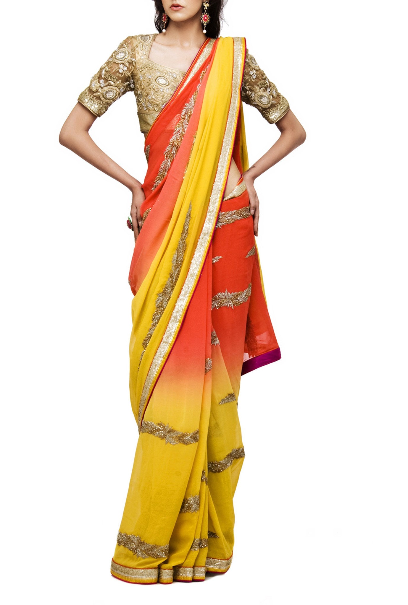 Yellow Orange Shaded Embroidered Saree