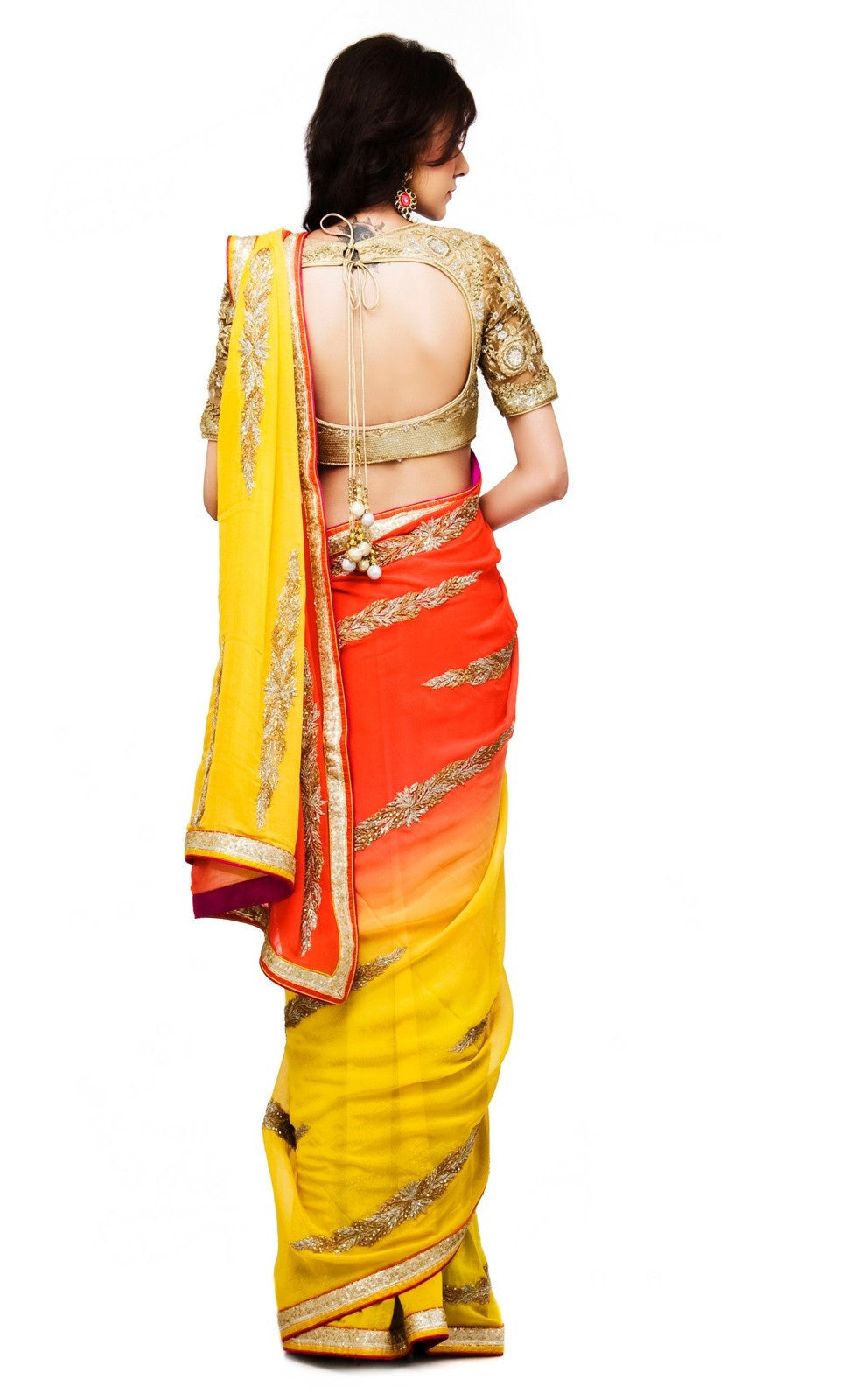 Yellow Orange Shaded Embroidered Saree