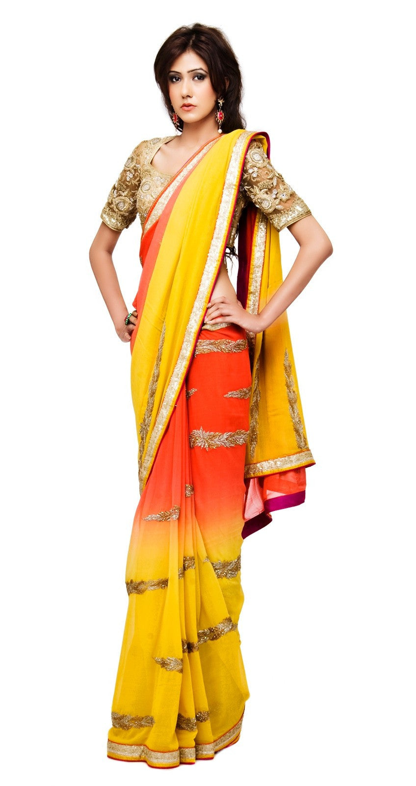 Yellow Orange Shaded Embroidered Saree