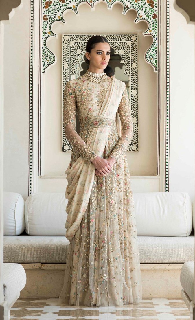 Draped Anarkali Gown In Ivory Color