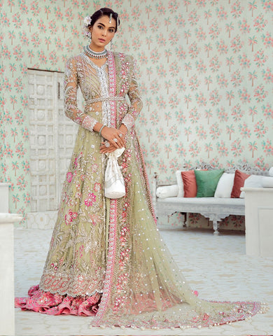 Dumore Cream and Carnation Pink Jacket Lehenga