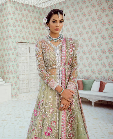 Dumore Cream and Carnation Pink Jacket Lehenga