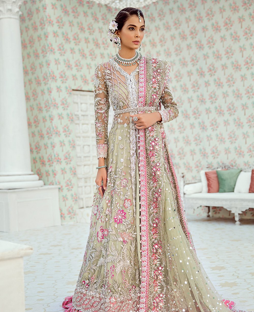 Dumore Cream and Carnation Pink Jacket Lehenga