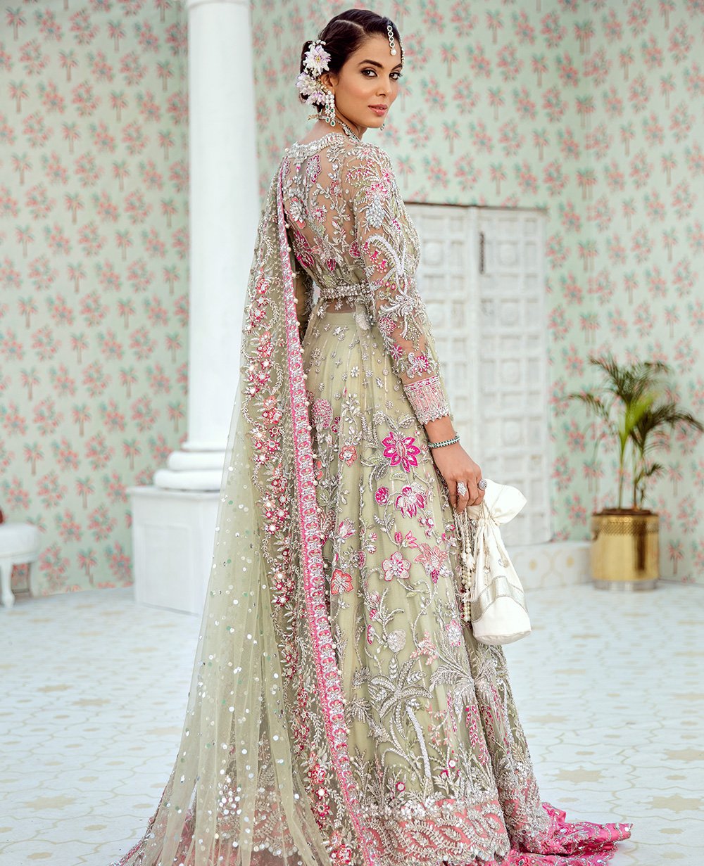 Dumore Cream and Carnation Pink Jacket Lehenga
