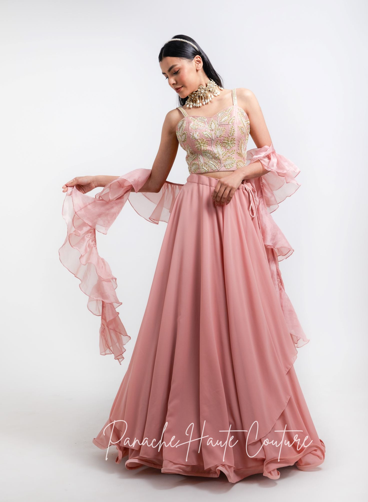 Dusty Pink Color Tiered Skirt with Crop Top