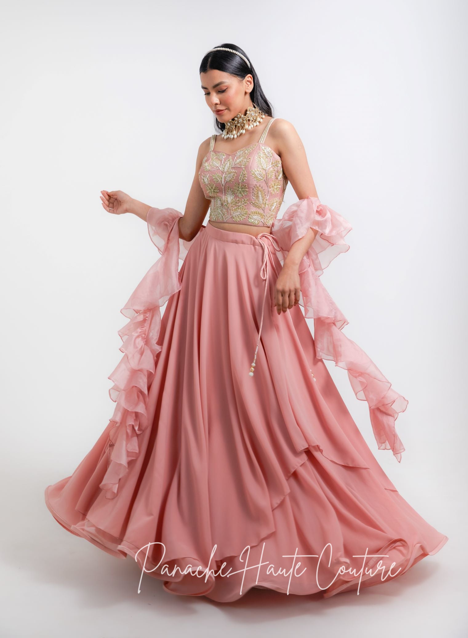 Dusty Pink Color Tiered Skirt with Crop Top