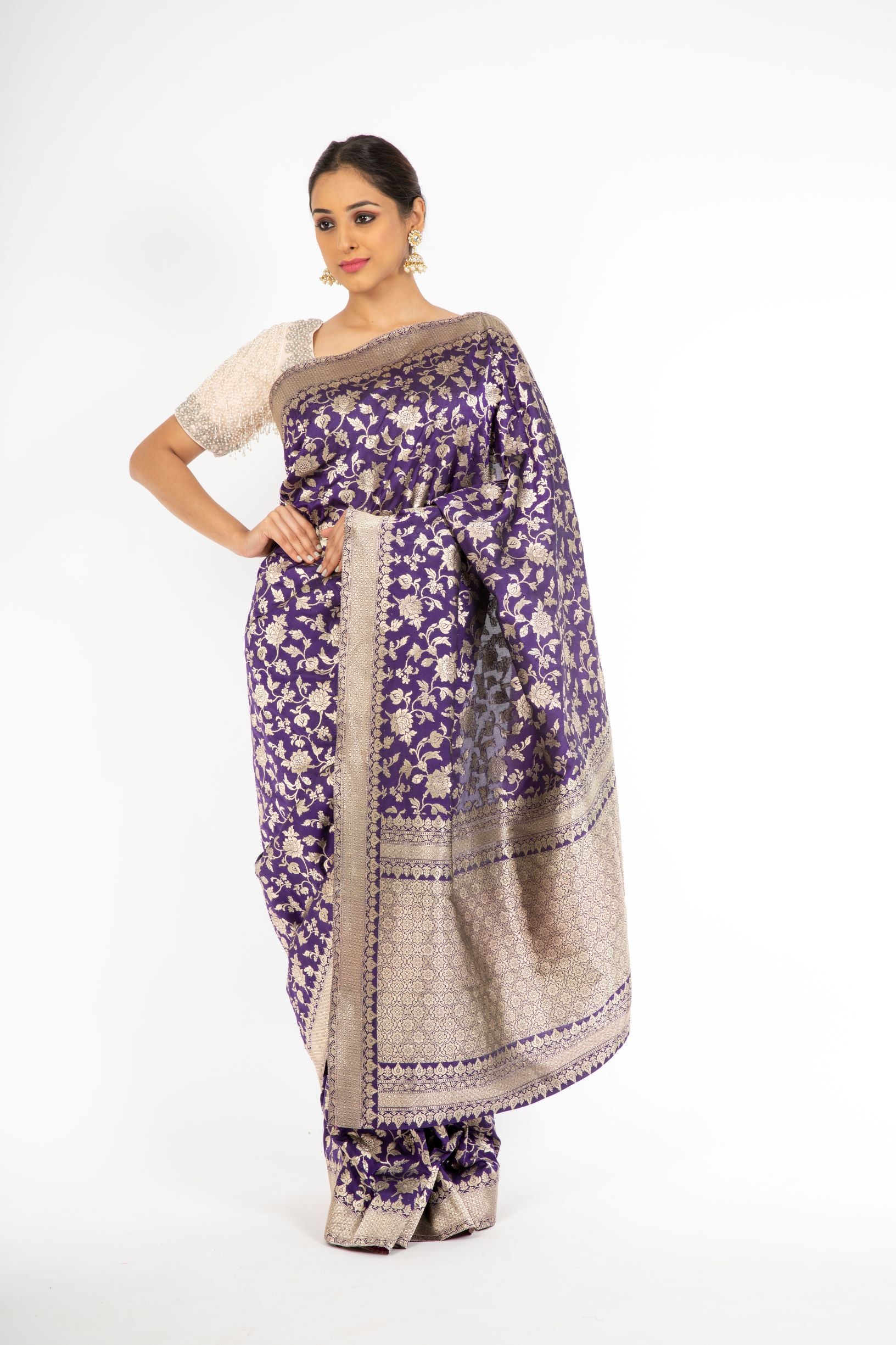 Elegant Violet Color Handloom Pure Silk Jangla Saree