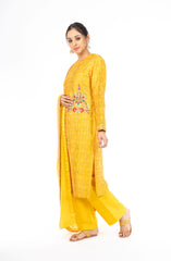 Elegant Yellow Color Raw Silk Ikkat Salwar Kameez with Chinon Dupatta