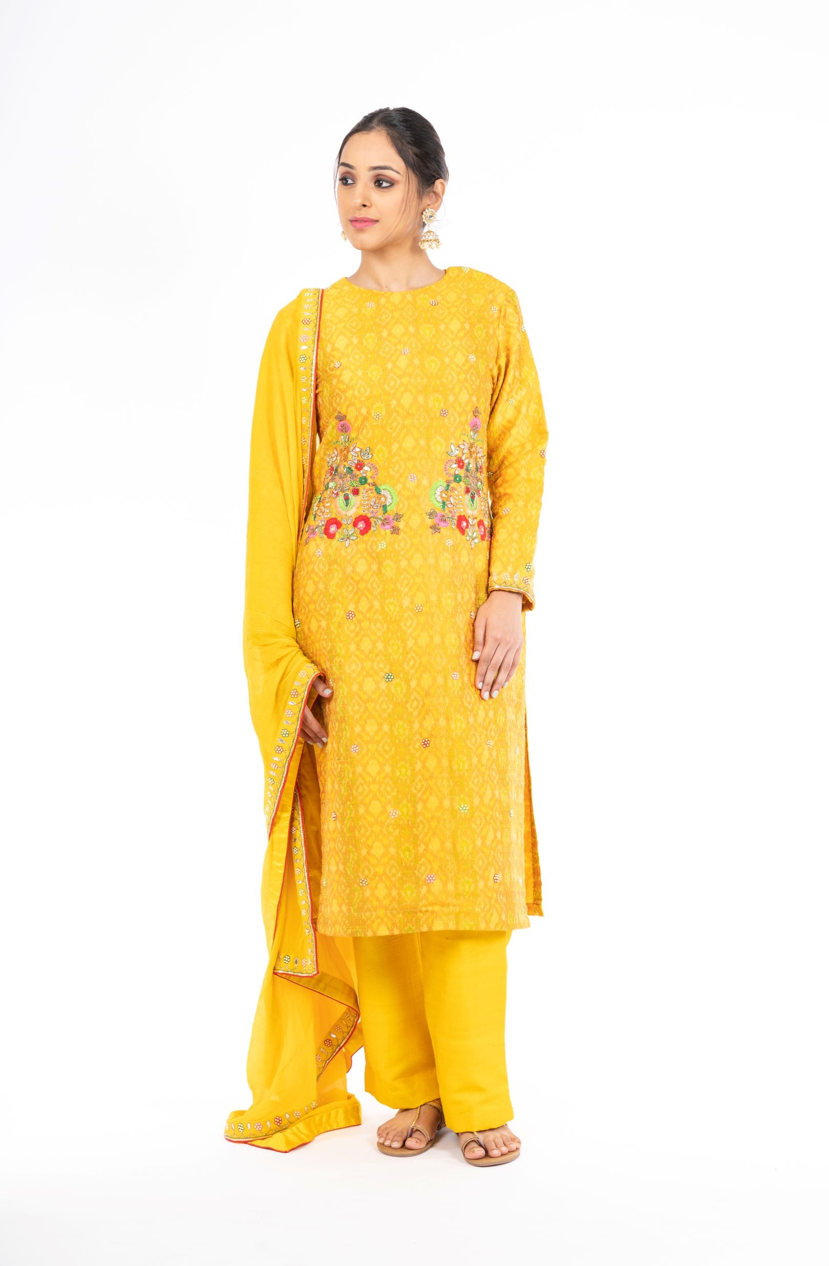 Elegant Yellow Color Raw Silk Ikkat Salwar Kameez with Chinon Dupatta