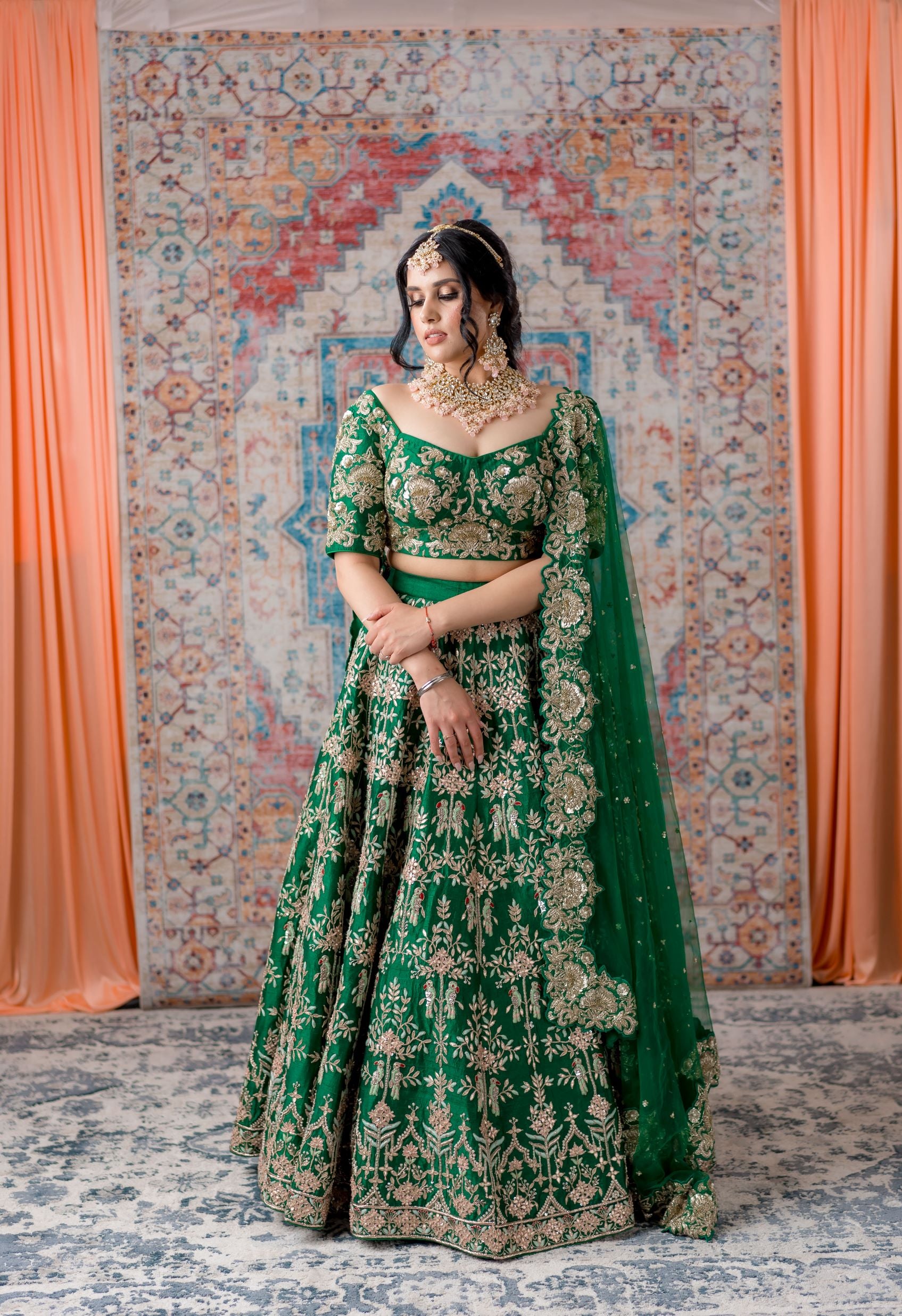 Emerald Green Gotta Patti and thread work Bridal Lehenga