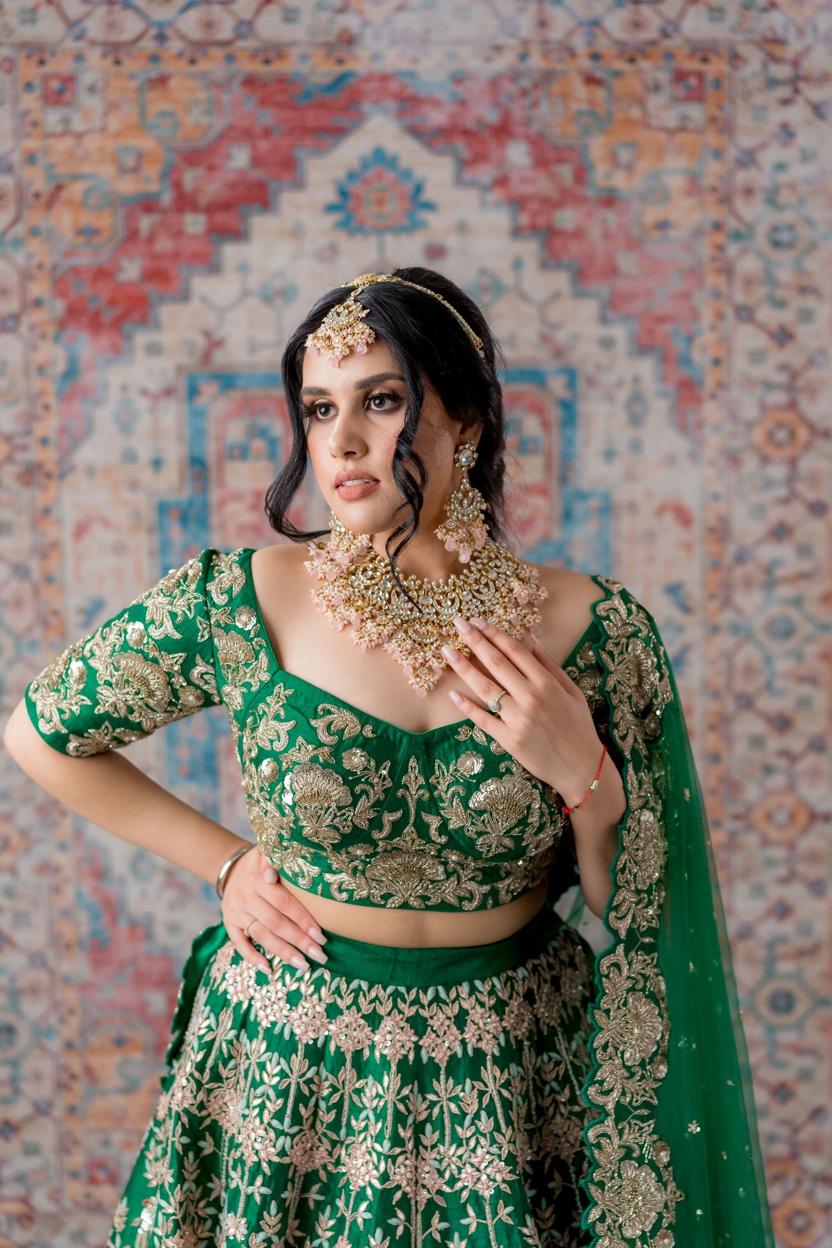 Emerald Green Gotta Patti and thread work Bridal Lehenga