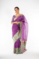 Engrossing Bright Violet Handloom Saree with Paithani Border and Pallu