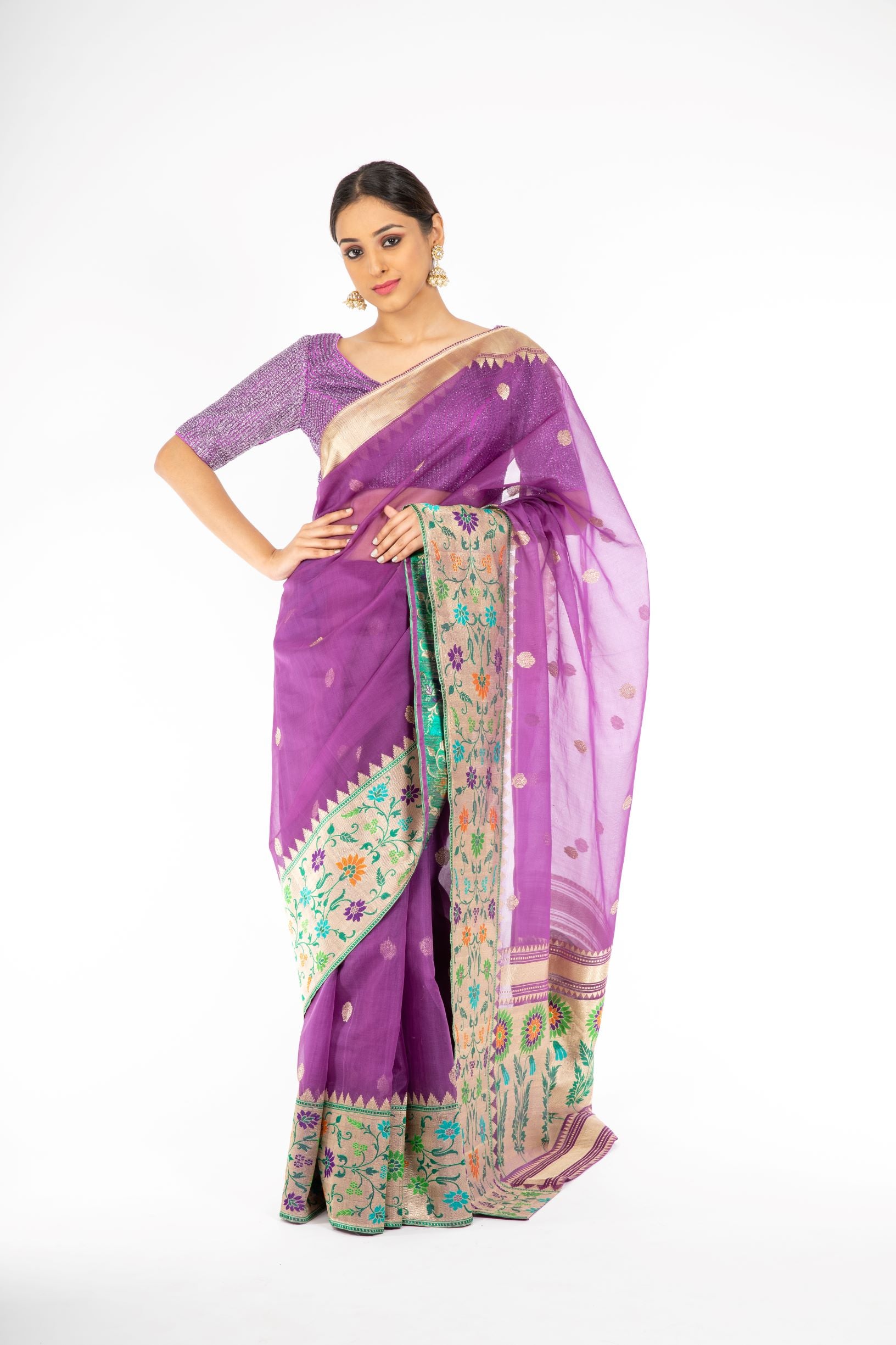 Engrossing Bright Violet Handloom Saree with Paithani Border and Pallu