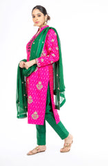 Engrossing Pink and Green Handloom Ikkat Raw Silk Salwar Kameez