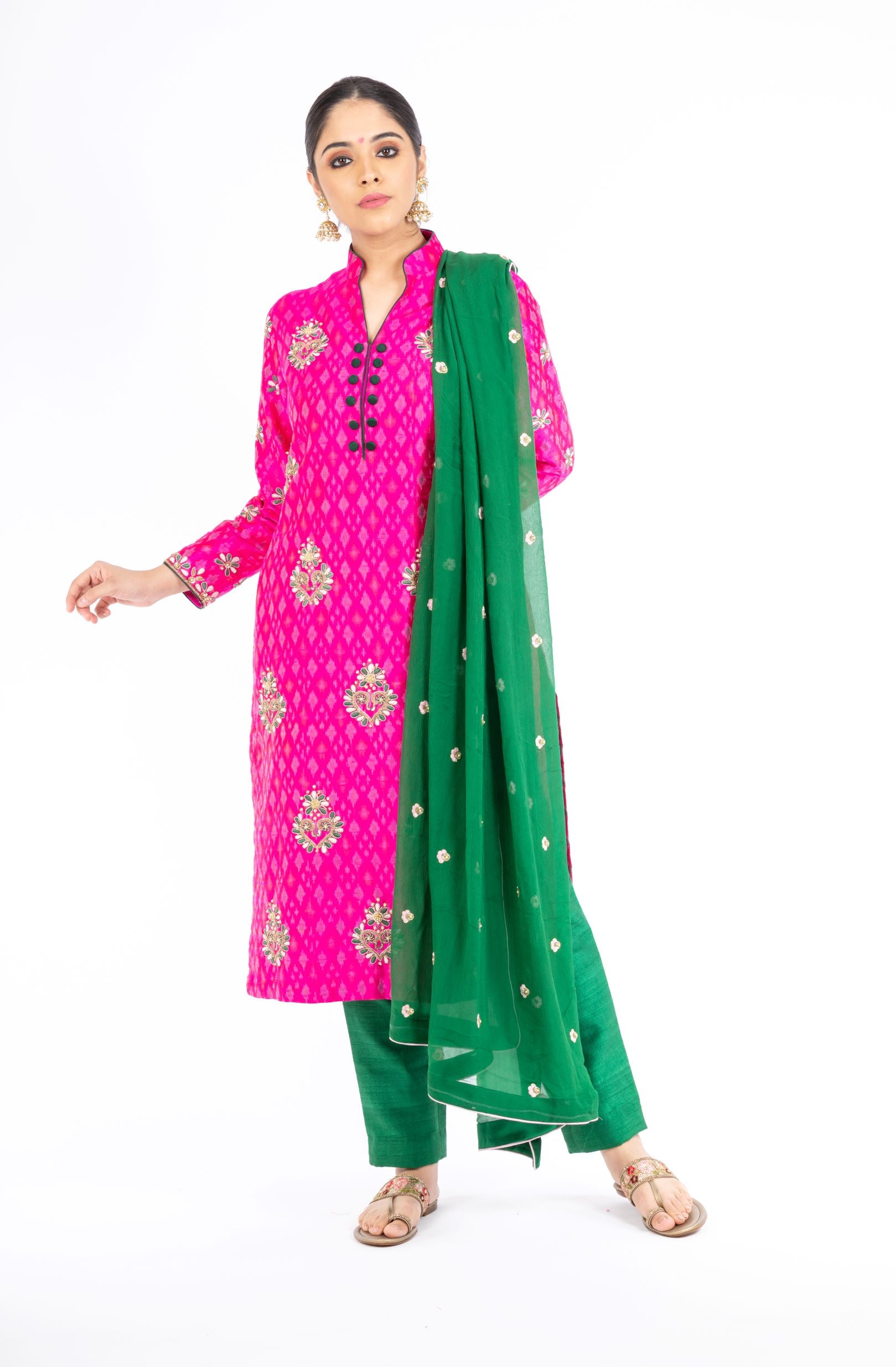 Engrossing Pink and Green Handloom Ikkat Raw Silk Salwar Kameez