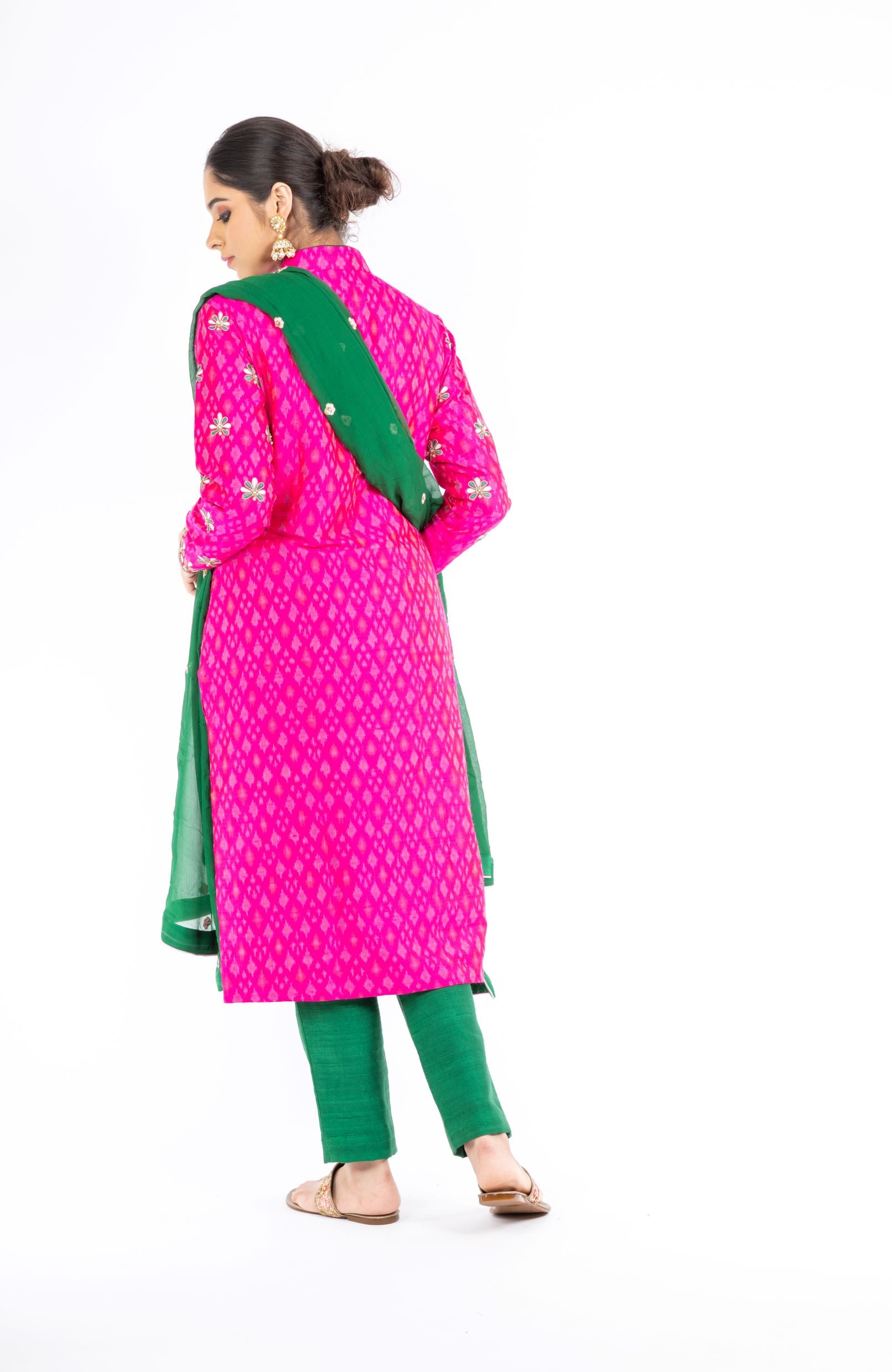 Engrossing Pink and Green Handloom Ikkat Raw Silk Salwar Kameez