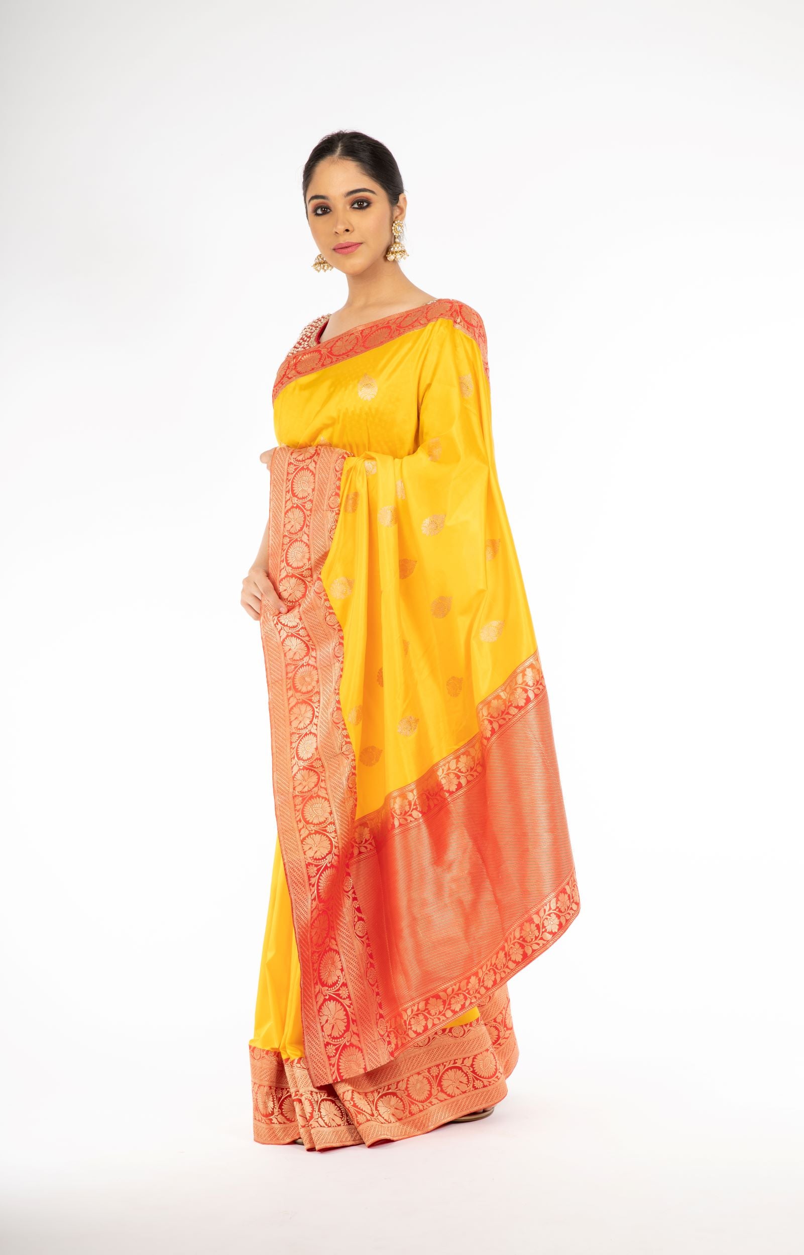 Engrossing Yellow and Red Color Handloom Banarasi Silk Saree
