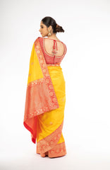 Engrossing Yellow and Red Color Handloom Banarasi Silk Saree