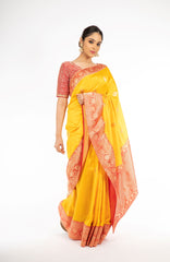 Engrossing Yellow and Red Color Handloom Banarasi Silk Saree