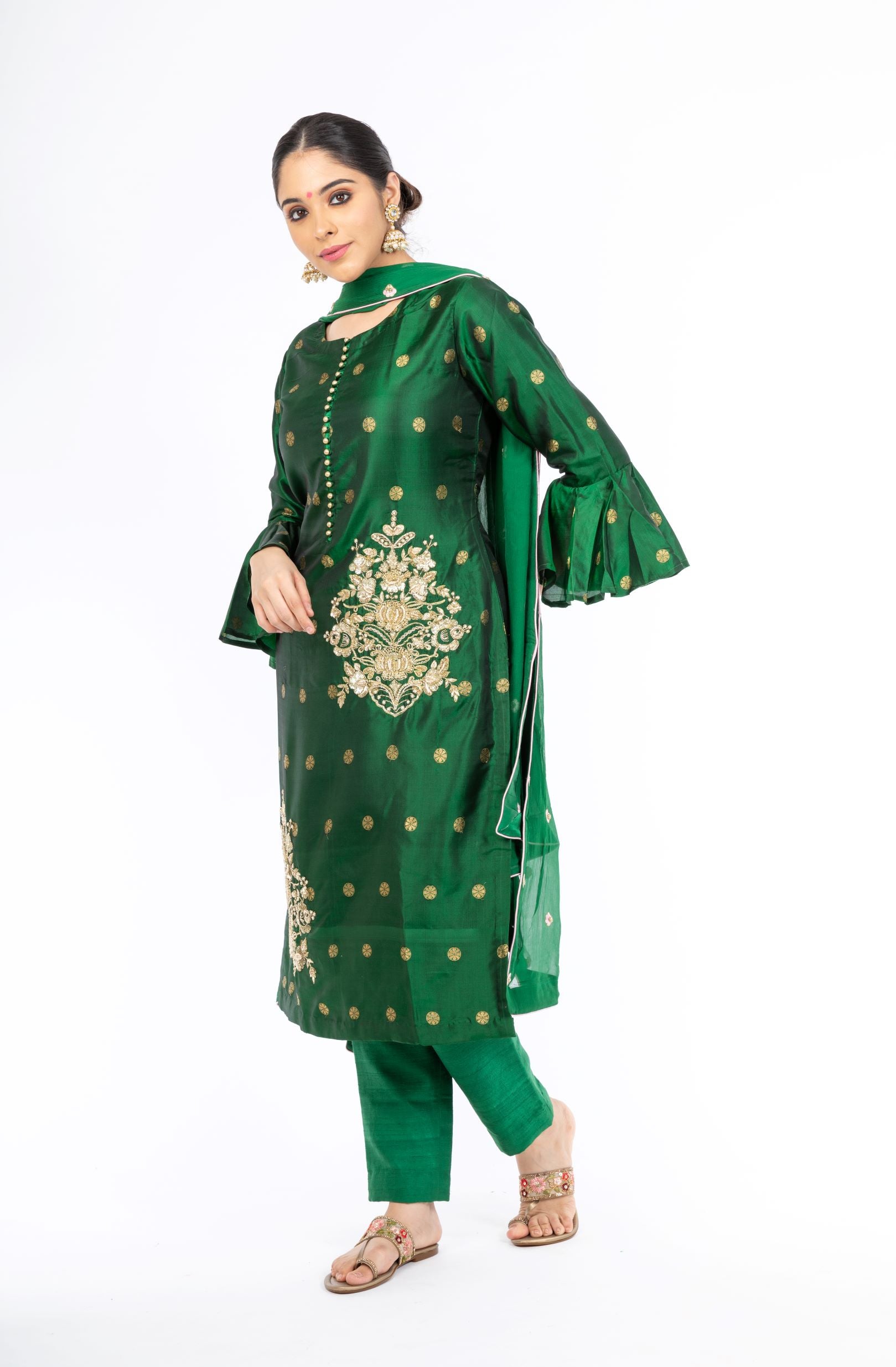 Extra-ordinary Emerald Green Pure Silk Salwar Kameez