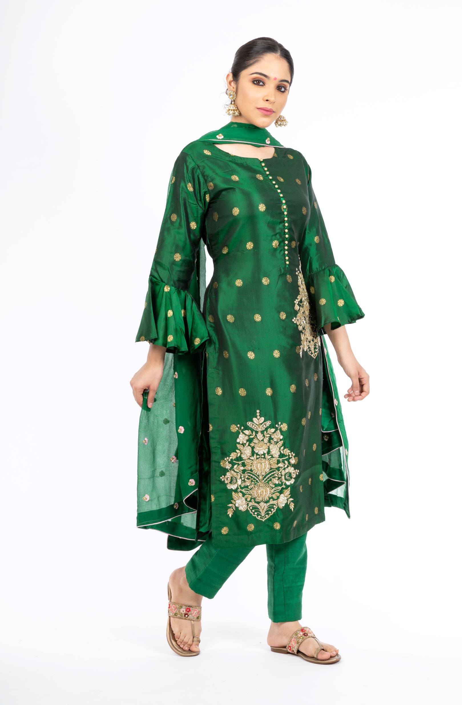 Extra-ordinary Emerald Green Pure Silk Salwar Kameez
