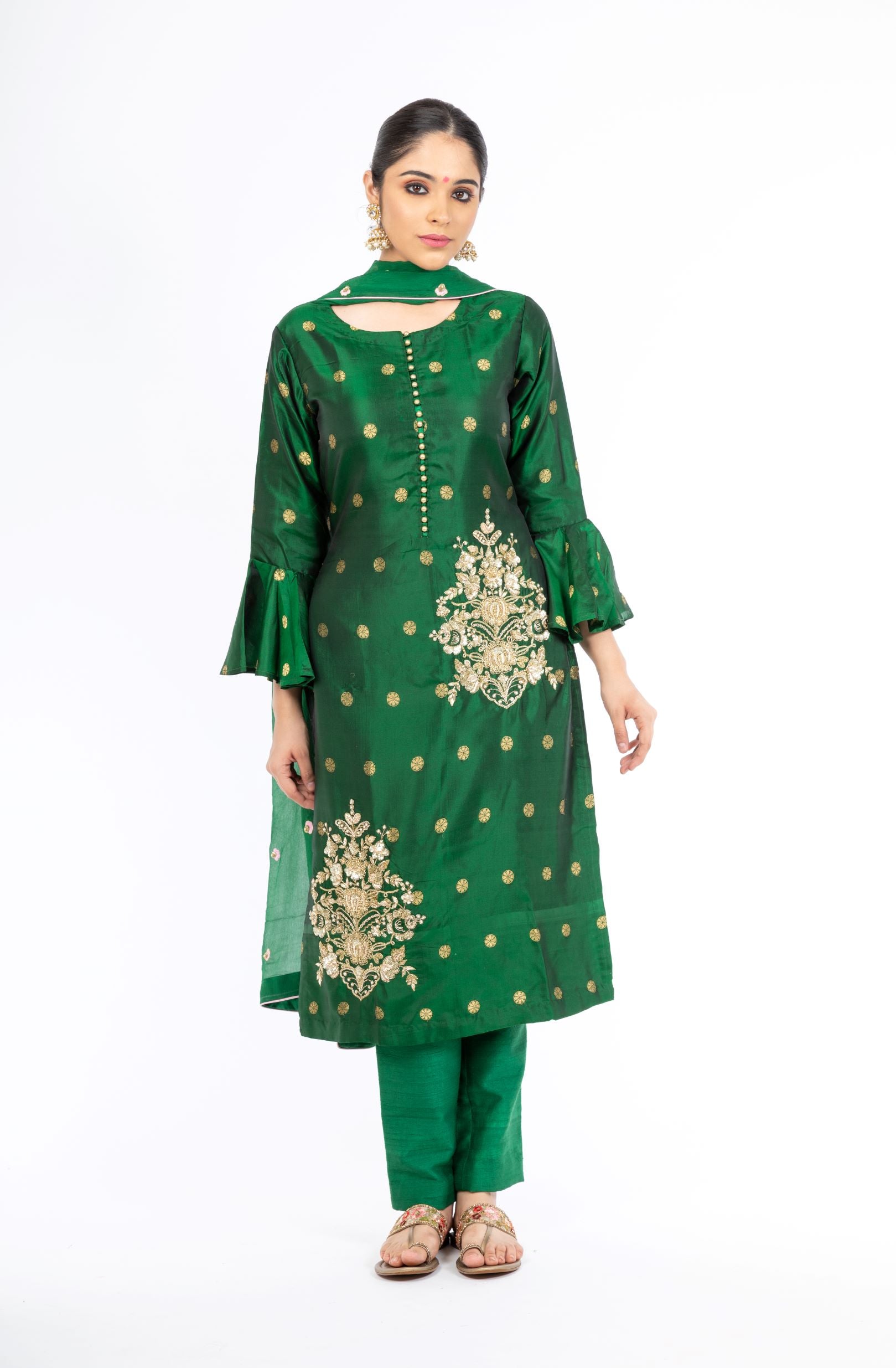 Extra-ordinary Emerald Green Pure Silk Salwar Kameez