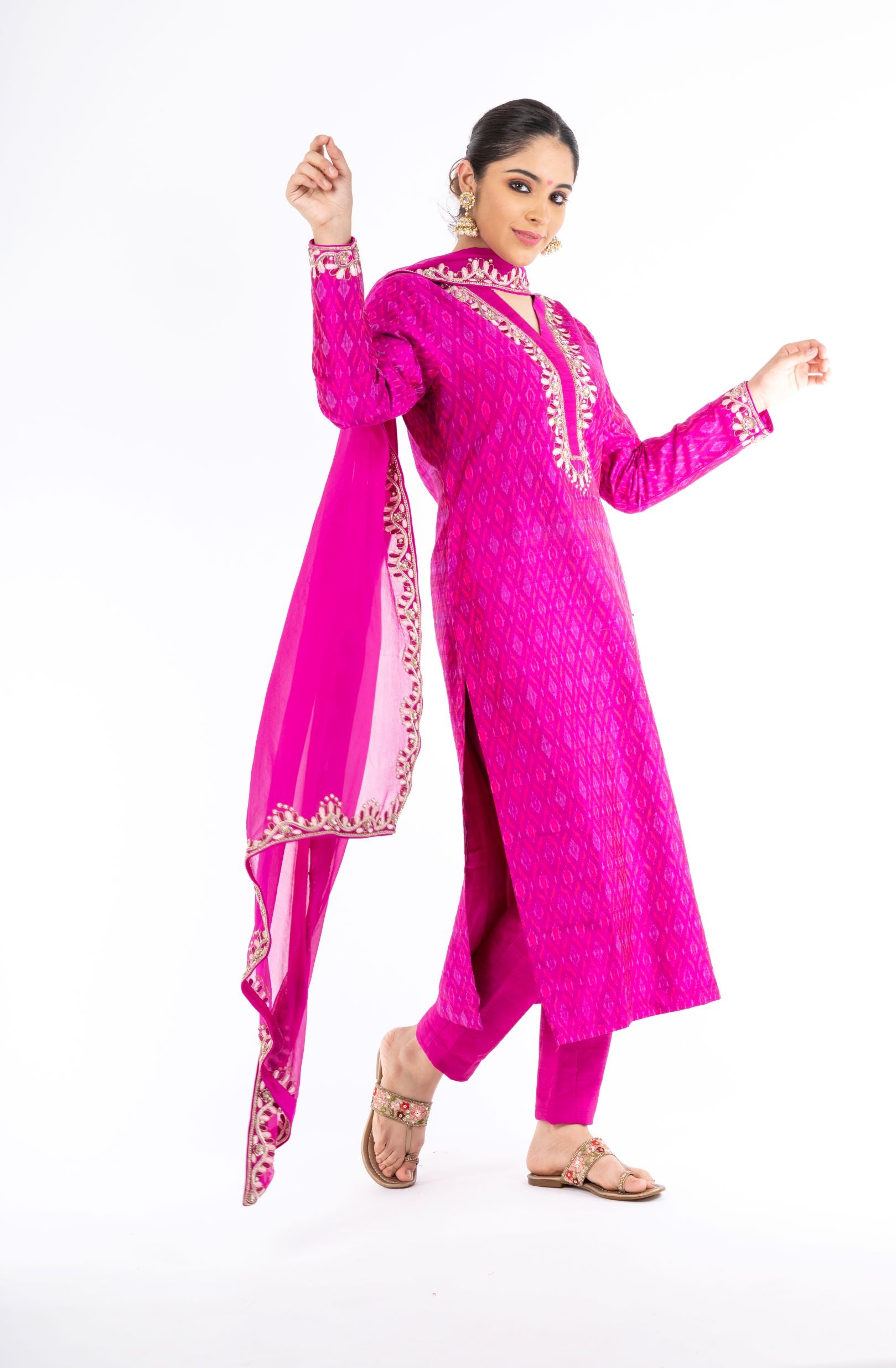 Extra-ordinary Magenta Color Handloom Ikkat and Raw Silk Salwar Kameez