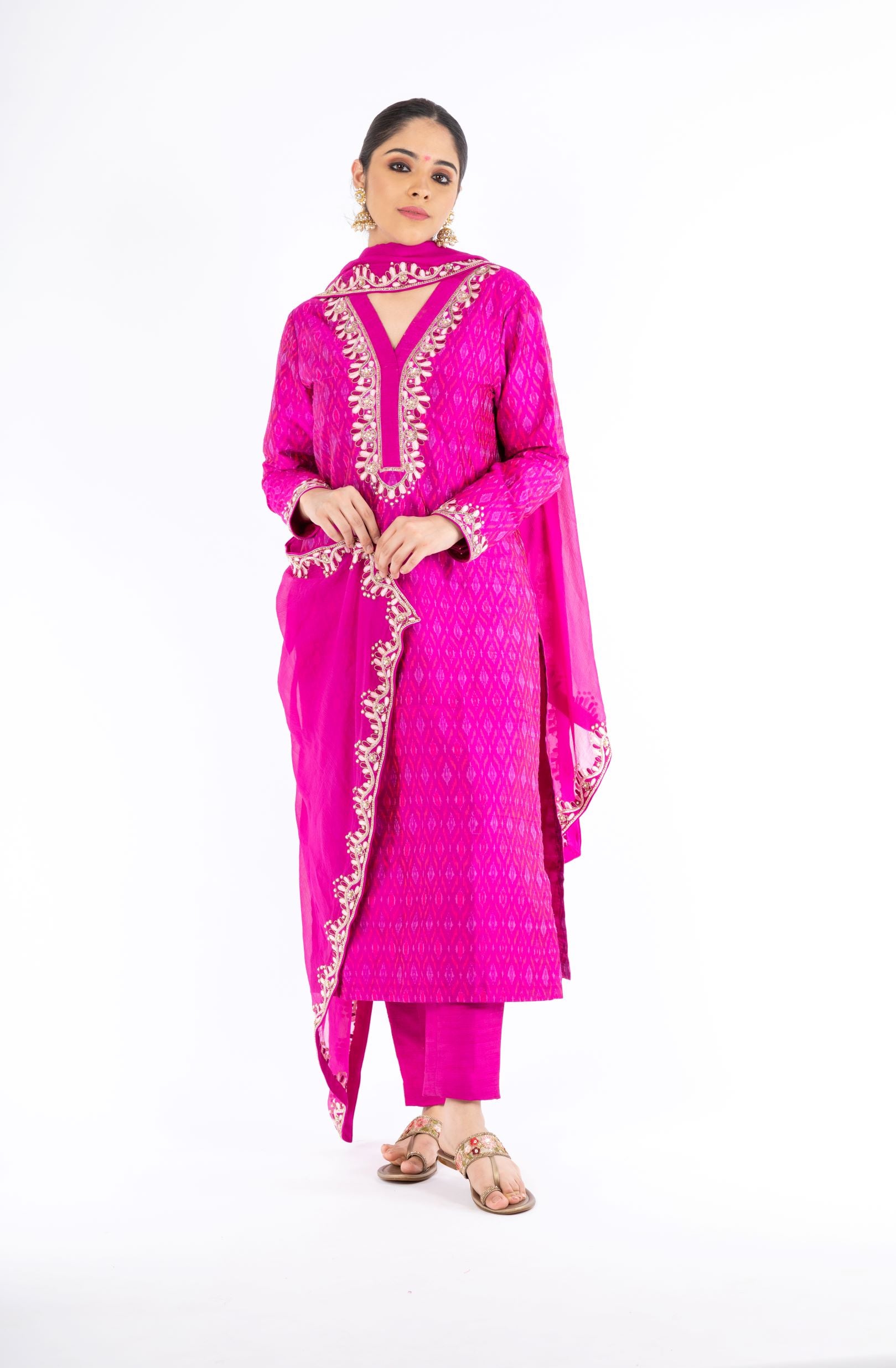 Extra-ordinary Magenta Color Handloom Ikkat and Raw Silk Salwar Kameez
