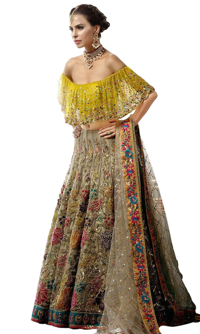 Fawn Color Wedding Lehenga with Multicolor Embroidery