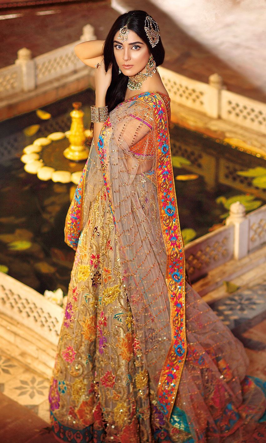 Fawn Color Wedding Lehenga with Multicolor Embroidery