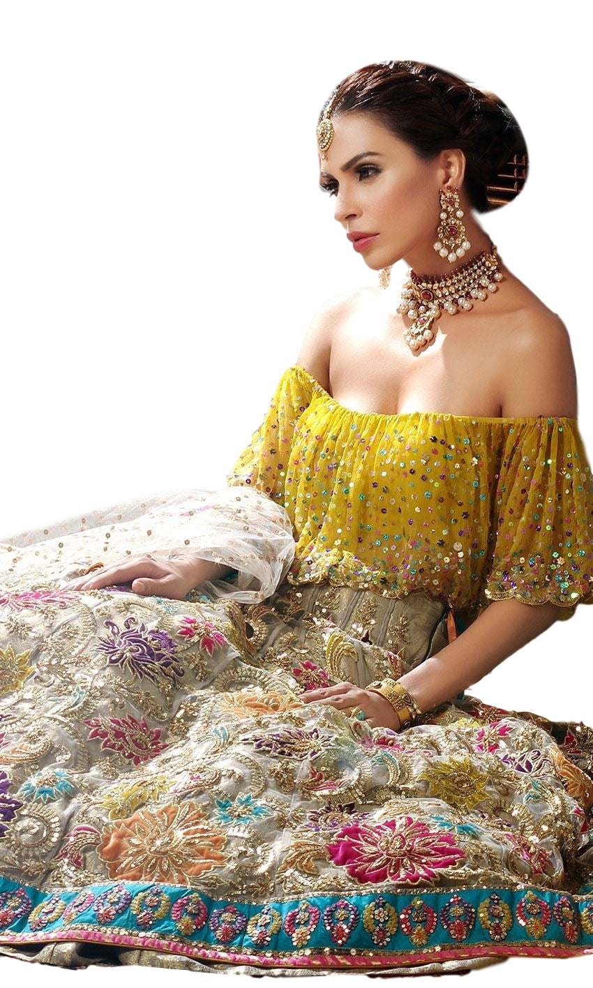 Fawn Color Wedding Lehenga with Multicolor Embroidery