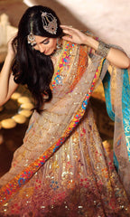 Fawn Color Wedding Lehenga with Multicolor Embroidery