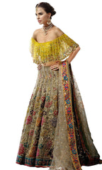 Fawn Color Wedding Lehenga with Multicolor Embroidery