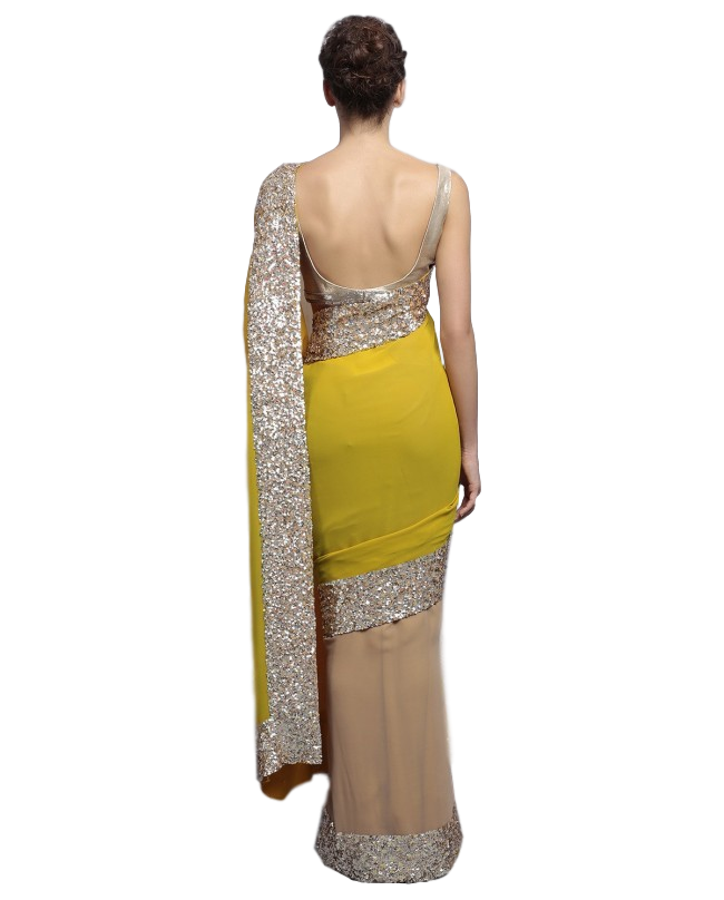Fawn and yellow color party wear saree at Panache Haute Couture