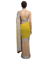 Fawn and yellow color party wear saree at Panache Haute Couture