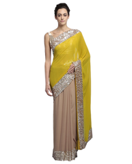 Fawn and yellow color party wear saree at Panache Haute Couture