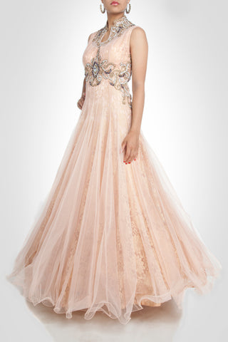 Peach color high-neck gown