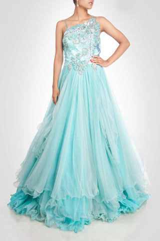 Sky blue gown in net